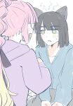  2girls :d animal_ears anyoji_hime anyoji_hime_(winter_loungewear) black_ribbon blue_cardigan blush cardigan cat_ears commentary green_eyes hair_ribbon highres hood hood_down hoodie long_hair love_live! love_live!_hasu_no_sora_jogakuin_school_idol_club momose_ginko momose_ginko_(summer_loungewear) moyang multi-tied_hair multiple_girls open_mouth ponytail purple_hoodie ribbon shout_lines simple_background smile sweatdrop upper_body virtual_youtuber white_background 