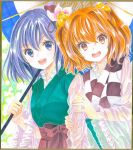  2girls :d bell checkered_clothes checkered_kimono commentary_request flower green_kimono hair_bell hair_flower hair_ornament hajike_akira hakama hieda_no_akyuu highres holding holding_weapon japanese_clothes jingle_bell kimono long_sleeves marker_(medium) motoori_kosuzu multiple_girls open_mouth orange_eyes orange_hair pink_flower purple_eyes purple_hair red_eyes red_hakama shikishi short_hair smile teeth touhou traditional_media upper_teeth_only weapon white_kimono 