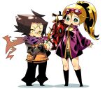  1boy 1girl agata_(sekaiju) armor black_pants blonde_hair blue_eyes brown_hair coat commentary_request cross_scar deformed flower full_body goggles goggles_on_head gradient_scarf holding holding_flower kanae_(sekaiju) korosuke_(coromo) long_hair open_mouth pants pauldrons pink_flower ponytail purple_coat purple_scarf scar scar_on_face scar_on_forehead scarf sekaiju_no_meikyuu sekaiju_no_meikyuu_3 shadow short_hair shoulder_armor simple_background single_pauldron standing teeth upper_teeth_only white_background yellow_eyes yellow_pupils 