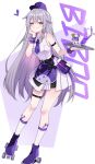  1girl absurdres baseball_cap belt black_belt castellayaki center-flap_bangs collared_shirt colored_inner_hair commentary cup double-parted_bangs english_commentary full_body gradient_hair grey_hair hair_flaps hand_up hat highres holding holding_tray hololive hololive_english jewel_under_eye kneehighs koseki_bijou long_hair mini_hat miniskirt multicolored_hair necktie pebble_(koseki_bijou) pink_hair pleated_skirt purple_eyes purple_hat purple_necktie roller_skates shirt side_slit sidelocks skates skirt sleeveless sleeveless_shirt socks solo thigh_strap tray very_long_hair virtual_youtuber white_shirt white_skirt white_socks wrist_cuffs 