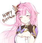  1girl artist_request black_shrug breasts cleavage commentary_request corset elf elysia_(honkai_impact) elysia_(miss_pink_elf)_(honkai_impact) gift_art hair_ornament happy_birthday highres honkai_(series) honkai_impact_3rd korean_commentary large_breasts long_hair looking_at_viewer pink_hair pointy_ears second-party_source shrug_(clothing) simple_background smile solo upper_body very_long_hair white_background white_corset 