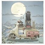  1girl absurdres animal arai_claire black_jacket border clothes_writing commentary_request facing_away from_behind fuji_rabbit full_moon grass helmet highres jacket looking_afar moon motor_vehicle night on_scooter outdoors rabbit red_skirt scooter sekihan signature sitting skirt sky solo white_border zesshaka!_shiritsu_yotsuwa_joshi_gakuin_zetsumetsu_kigu-sha_gakka 