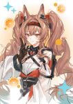  1girl absurdres angelina_(arknights) angelina_the_mellow_wish_(arknights) animal_ear_fluff animal_ears arknights black_collar black_gloves black_hairband brown_hair chinese_commentary closed_mouth collar commentary_request detached_sleeves dress earpiece food fox_ears fox_girl fruit gloves hair_between_eyes hairband hand_up highres infection_monitor_(arknights) long_hair long_sleeves looking_at_viewer multicolored_hairband orange_(fruit) orange_slice smile solo sparkle twintails two-tone_hairband upper_body white_dress xuan_xuan_xuan_za 