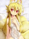  animal_ears blonde_hair collarbone covering fox_ears fox_tail head_tilt highres izuna_(shinrabanshou) kyuubi long_hair looking_at_viewer multiple_tails nude_cover red_eyes saru_000 shinrabanshou sitting smile solo steam tail towel wet 