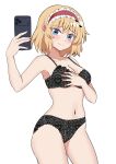  1girl absurdres alice_margatroid alternate_costume black_bra black_panties blonde_hair blue_eyes blush bra breasts cellphone cleavage closed_mouth commentary_request cowboy_shot frilled_hairband frills hairband highres holding holding_phone kiyo_(kiyo_mariari) lingerie looking_at_viewer medium_breasts medium_hair navel panties phone red_hairband simple_background smartphone smile solo stomach thighs touhou underwear underwear_only white_background 