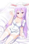  1girl :q alternate_costume animal_ears arm_behind_back bed_sheet blush breasts cleavage closed_mouth cup double-parted_bangs dress dutch_angle eyes_visible_through_hair full_body hair_between_eyes hand_up hat highres holding holding_cup large_breasts long_hair looking_at_viewer no_shoes nurse nurse_cap purple_hair rabbit_ears rabbit_girl red_eyes reisen_udongein_inaba short_dress short_sleeves sidelocks sitting smile solo straight_hair thighhighs thighs tongue tongue_out touhou variant_set very_long_hair wariza white_dress white_thighhighs xialuluo_(sharuro) zettai_ryouiki 