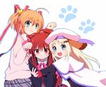  animal_ears blonde_hair blue_eyes bow brown_hair cape cat_ears dog_ears green_eyes hat juukyuu_mame kamikita_komari little_busters! long_hair multiple_girls natsume_rin noumi_kudryavka paw_pose pink_bow ponytail red_eyes ribbon school_uniform short_hair silver_hair twintails 