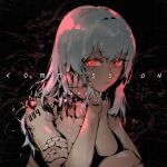  1girl android black_background broken closed_mouth commission cytus cytus_ii dark-skinned_female dark_skin grey_hair hand_on_own_arm head_on_hand head_rest ivy_(cytus) looking_at_viewer medium_hair number_tattoo red_eyes skin_seams spongeman9214 tattoo twitter_username 