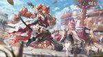  4girls ahoge angelina_(arknights) angelina_the_mellow_wish_(arknights) animal_ear_fluff animal_ears arknights black_gloves black_skirt black_thighhighs blue_sky brown_hair building car chinese_commentary cloud cloudy_sky commentary_request copyright_logo copyright_notice detached_sleeves dress drill_hair fingerless_gloves fox_ears fox_girl gloves hair_between_eyes hairband highres hiking_backpack jacinta_(arknights) logo long_hair long_sleeves looking_at_viewer magenaiman3 motor_vehicle multicolored_hairband multiple_girls official_art open_mouth orange_eyes orange_gloves outdoors pink_eyes pink_hair rabbit_ears rabbit_girl raccoon_ears raccoon_girl red_dress red_hairband skirt sky staff_riding thigh_strap thighhighs thumpy_(arknights) timeslot_(arknights) tree twin_drills two-tone_hairband white_dress white_thighhighs yellow_eyes 