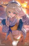  1girl animal_ears arknights arknights:_endfield armpits bare_shoulders beach bird_ears bird_girl blonde_hair blue_eyes commentary_request embarrassed highres jacket otabaaa outdoors perlica_(arknights) solo sunset swimsuit white_jacket 