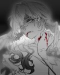  1girl bare_shoulders black_background blood blood_from_mouth blood_on_hand blood_on_neck commentary detached_sleeves distress dress feathered_wings gloves greyscale hair_behind_ear hair_between_eyes hand_on_own_neck head_wings highres honkai:_star_rail honkai_(series) injury jewel_under_eye long_hair looking_to_the_side monochrome parted_lips raised_inner_eyebrows robin_(honkai:_star_rail) simple_background solo soulsk530 spot_color strapless strapless_dress sweat untranslatable_commentary upper_body wavy_hair wings 