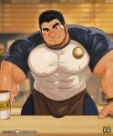  1boy apron bara barista beard_stubble bulge bulge_rest cafe counter covered_abs covered_navel covered_nipples cup daisukebear facial_hair head_tilt huge_eyebrows huge_pectorals impossible_clothes large_hands leaning_forward looking_at_viewer lucas_lee male_focus medium_sideburns menu_board more_muscular_than_canon muscular muscular_arms muscular_male paid_reward_available pov_across_table sanpaku scott_pilgrim_(series) scott_pilgrim_takes_off seductive_smile shirt short_hair short_sleeves sideburns smile solo standing stubble t-shirt table tight_clothes tight_shirt white_apron 