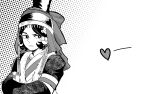  1girl anger_vein boqta commentary frown fur-trimmed_robe fur_trim greyscale hat heart highres hile_lawrence jewelry long_sleeves mongolian_clothes monochrome open_clothes robe short_hair solo tenmaku_no_jaadugar toregene_(tenmaku_no_jaadugar) veil 