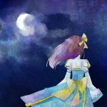  1girl arch_bishop_(ragnarok_online) back_bow blue_dress blue_sky bow cloud commentary_request cowboy_shot crescent_moon cross dormir_(challco) dress from_behind hair_bow juliet_sleeves long_hair long_sleeves moon night outdoors puffy_sleeves purple_hair ragnarok_online sky solo star_(sky) starry_sky two-tone_dress white_dress yellow_bow 