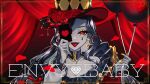  1girl absurdres ace_(playing_card) ace_of_hearts balloon black_collar black_hair black_hat card collar collarbone colored_inner_hair commentary earrings english_commentary envy_baby_(vocaloid) eyelashes flower gold_nails gold_trim hat hat_flower heart heart_earrings highres holding holding_balloon holding_card jewelry multicolored_hair nijisanji nijisanji_en open_mouth playing_card red_eyes red_flower scarle_yonaguni second-party_source solo top_hat tottiitottii upper_body virtual_youtuber 