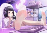  1girl absurdres black_hair blush chair closed_mouth commentary computer_keyboard computer_mouse controller desk feet feet_on_table figure fisheye foot_focus foreshortening game_controller hands_up headphones highres holding holding_controller holding_game_controller indoors legs_up looking_ahead maburoku medium_hair microphone monitor no_pants no_shoes on_chair original otaku_room purple_eyes see-through_clothes see-through_legwear shelf shirt short_sleeves signature sitting socks soles solo stuffed_animal stuffed_toy swivel_chair t-shirt tareme toes white_socks 