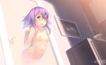  bad_id bad_pixiv_id blush breasts dated door ghost green_eyes hebinui looking_at_viewer nipples nude open_mouth original purple_hair short_hair small_breasts solo through_wall 