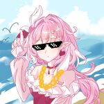  1girl beach blue_sky breasts chinese_commentary commentary_request detached_sleeves diamond-shaped_pupils diamond_(shape) earrings elf elysia_(hi_love_elf)_(honkai_impact) elysia_(honkai_impact) elysia_(summer_2026)_(honkai_impact) hair_ornament heart heart_earrings highres honkai_(series) honkai_impact_3rd jewelry long_hair medium_breasts multicolored_hair necklace ning_m_shenmi_ren ocean official_alternate_costume one-piece_swimsuit pink_hair pointy_ears red_one-piece_swimsuit sky solo sunglasses swimsuit symbol-shaped_pupils two-tone_hair very_long_hair white_hair 