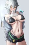  1girl absurdres alternate_breast_size_(larger) armpit_crease bare_shoulders belt bikini bikini_bottom_under_shorts bikini_tug bikini_under_clothes black_bikini black_shorts blush breasts breasts_apart clothes_lift come_hither commentary_request cowboy_shot dot_nose dushevnaya_(girls'_frontline_2) dushevnaya_(tomorrow's_savior)_(girls'_frontline_2) girls'_frontline girls'_frontline_2:_exilium gloves gradient_eyes green_belt green_eyes grey_background grey_hair hair_between_eyes halterneck hand_up highleg highleg_bikini highres jacket ksvk_(girls'_frontline) large_breasts lifting_own_clothes linea_alba looking_at_viewer medium_hair mouth_hold multicolored_eyes navel off-shoulder_shirt off_shoulder open_clothes open_fly open_jacket open_shorts presenting_own_body see-through_clothes see-through_shirt shirt shirt_lift short_shorts shorts simple_background skindentation solo standing stomach string_bikini sweat sweaty_breasts swimsuit very_sweaty yellow_eyes zion_rss 