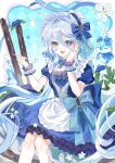  1girl absurdres ahoge alternate_costume apron blue_bow blue_dress blue_eyes blue_gem blue_hair blue_streaks blue_wrist_cuffs bow bow_choker chinese_commentary choker commentary_request dress frilled_apron frilled_dress frilled_wrist_cuffs frills furina_(genshin_impact) gem genshin_impact hair_between_eyes hand_on_own_face heterochromia highres holding holding_spoon long_hair long_sleeves looking_at_viewer multicolored_hair open_mouth puffy_short_sleeves puffy_sleeves short_sleeves sitting smile solo spoon streaked_hair surintendante_chevalmarin vision_(genshin_impact) waist_apron white_hair white_headdress wrist_cuffs xuanyikoumiantiao 