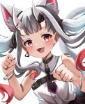  1girl :d animal_ear_fluff bare_shoulders black_choker black_necktie blunt_bangs blush cat_day cat_girl choker collared_shirt commentary_request earrings grey_hair hair_ornament hands_up highres hololive jewelry kemonomimi_mode long_hair multicolored_hair nakiri_ayame necktie nyuyosuke oni open_mouth paw_pose red_eyes red_streaks shirt short_necktie simple_background single_earring sleeveless sleeveless_shirt smile solo streaked_hair triangle_earrings twintails upper_body virtual_youtuber white_background white_shirt x_hair_ornament 
