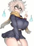  1girl alternate_breast_size_(larger) alternate_skirt_length black_shirt black_skirt breasts closed_mouth constricted_pupils covered_nipples cowboy_shot crop_top crop_top_overhang curvy fumio_(rsqkr) ghost highres large_breasts let's_go_kaikigumi long_sleeves looking_at_viewer mechako_(let's_go_kaikigumi) medium_hair messy_hair midriff_peek miniskirt pleated_skirt scarf shirt simple_background skirt smile solo standing thick_thighs thighs v white_background white_hair wide-eyed wide_hips yellow_scarf 