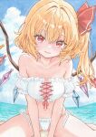  1girl alternate_costume beach bikini blonde_hair blue_sky blush bow breasts chikichiita cleavage closed_mouth cloud commentary_request crystal crystal_wings day flandre_scarlet hair_between_eyes hair_bow highres large_breasts long_hair looking_at_viewer multicolored_wings ocean one_side_up outdoors painting_(medium) red_bow red_eyes sand side-tie_bikini_bottom sitting sky smile solo swimsuit thighs touhou traditional_media water watercolor_(medium) white_bikini wings 