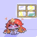  1girl augusta_(wuthering_waves) blush_stickers chibi chibi_only commentary_request cowering dress earrings highres jewelry long_hair multicolored_hair orange_hair pout red_eyes red_hair scared solo squatting squiggle syurikenmaru tearing_up tiara two-tone_hair white_dress window wuthering_waves 