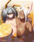  2girls alternate_breast_size_(larger) alternate_skin_color animal_ears arm_around_another's_back artist_logo artist_name asymmetrical_docking bikupan black_hair blonde_hair boku_no_hero_academia border bottle breast_press breasts brown_hair closed_mouth commission condom condom_wrapper crossover cup dark-skinned_female dark_nipples dark_skin darkened_skin drink english_commentary fake_animal_ears forehead green_eyes grey_hair grin groin hair_between_eyes hand_on_another's_shoulder hand_up highleg highleg_leotard highres holding holding_condom holding_tray huge_breasts huge_nipples kemono_friends large_areolae leaning_forward leotard light-skinned_palms logo long_hair looking_at_viewer low_side_ponytail mirko multicolored_hair multiple_girls naughty_face nipples outside_border parted_bangs playboy_bunny rabbit_ears raised_eyebrow red_eyes shiny_skin shoebill_(kemono_friends) side_ponytail smile sound_effects strapless strapless_leotard tray twisted_torso unaligned_breasts very_dark_skin wardrobe_malfunction white_hair yellow_leotard 