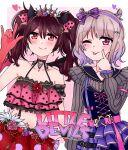  2girls :p ;p \m/ bare_shoulders belt black_hair blush bow brown_hair collarbone demon_horns demon_wings double_bun english_commentary english_text facial_mark fake_horns finger_to_cheek floral_print flower frills gloves gradient_hair hair_bow hair_bun hair_ornament hairband hairclip hand_up heart heart_facial_mark highres horns jewelry little_devil_(love_live!) long_sleeves looking_at_viewer love_live! love_live!_nijigasaki_high_school_idol_club love_live!_school_idol_festival love_live!_school_idol_festival_all_stars love_live!_school_idol_project lupcha multicolored_hair multiple_girls nakasu_kasumi nakasu_kasumi_(fancy_pixie) navel official_alternate_costume official_alternate_hair_color one_eye_closed pink_belt pink_eyes pink_flower pink_rose polka_dot polka_dot_bow purple_flower purple_hair purple_rose red_eyes red_flower red_rose red_skirt rose rose_print shirt short_hair skirt smile striped_clothes striped_gloves suspenders tiara tongue tongue_out twintails two-tone_hair vertical-striped_clothes vertical-striped_gloves wings yazawa_nico 