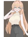  1girl :d alternate_hair_length_(longer) alternate_hairstyle arm_up bare_shoulders black_background black_pants blush breasts commentary_request cowboy_shot green_eyes hair_ornament highres hinoshita_kaho internet_umiushi large_breasts long_hair looking_at_viewer love_live! love_live!_hasu_no_sora_jogakuin_school_idol_club open_mouth orange_hair pants rabbit_hair_ornament ribbed_sweater sleeveless sleeveless_sweater smile solo straight_hair sweater turtleneck turtleneck_sweater two_side_up very_long_hair virtual_youtuber yellow_sweater 
