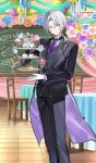  1boy balloon bishounen black_jacket black_pants black_vest butler character-themed_food closed_mouth coattails commentary_request fate/grand_order fate_(series) feet_out_of_frame formal_clothes game_asset gloves hair_over_shoulder holding_tiered_tray hou_(ppo) indoors jacket lapels long_hair long_sleeves looking_at_viewer low_ponytail male_focus monocle necktie official_art pants partial_commentary ponytail prince_of_lan_ling_(academy_outfit)_(fate) prince_of_lan_ling_(fate) purple_eyes purple_necktie shirt smile snack solo suit tailcoat third-party_source tiered_tray vest waistcoat white_gloves white_hair white_shirt wingtip_collar 