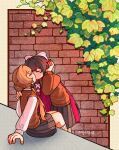  2girls black_hair black_skirt bow braid braided_bun brick_wall brown_hair brown_sweater brown_sweater_vest closed_eyes colored_inner_hair columbina_(genshin_impact) commentary_request genshin_impact hair_bow hair_bun highres kiss leaf long_hair multicolored_hair multiple_girls pink_bow pink_hair pleated_skirt sandrone_(genshin_impact) shirt skirt sweater sweater_vest white_shirt xiaochuiyayu yuri 