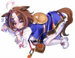  1girl @_@ ahoge all_fours animal_ears bag blue_skirt blue_vest blush breasts brown_hair cat chocola_vt commentary double-parted_bangs ear_ribbon flying_sweatdrops gloves hair_between_eyes hairband headband highres horse_ears horse_girl horse_tail large_breasts long_sleeves looking_at_viewer meisho_doto_(turbulent_blue)_(umamusume) meisho_doto_(umamusume) meto_(cat) multicolored_hair open_mouth pantyhose pink_hairband pink_headband purple_eyes shirt shoes short_hair shoulder_bag skirt tail two-tone_hair umamusume vest white_gloves white_hair white_pantyhose white_shirt white_shoes zig-zag_part 