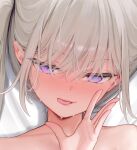  1girl :q ame_(mignon) blush close-up closed_mouth collarbone commentary_request cropped eyes_visible_through_hair grey_hair hair_over_eyes hand_up highres licking_lips long_bangs long_hair looking_at_viewer mignon naughty_face original purple_eyes revision smile solo tongue tongue_out twintails upper_body 