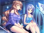  2girls aozora_stripe blue_eyes brown_hair can collarbone eyes_closed game_cg long_hair multiple_girls night piromizu purple_hair sawatari_kyouko soda tsuruno_satsuki 