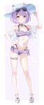  1girl :o arm_up bikini blue_hat blush border commentary_request eyewear_on_head frilled_bikini frills full_body hat highres looking_at_viewer navel outline outside_border parted_lips purple_bikini purple_hair sandals shinomiya_runa short_hair simple_background solo standing sunglasses swimsuit toketa-sekai virtual_youtuber vspo! white_border white_outline white_sandals yellow_eyes 