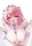  1boy 1girl absurdres after_fellatio ascot bare_shoulders bent_over blush breasts cleavage closed_mouth commentary_request cum cum_in_mouth cum_on_body cum_on_breasts dress feathered_wings flan_ling hair_intakes hair_ornament hair_ribbon hairclip hetero highres huge_breasts leaning_forward looking_at_viewer medium_hair mole mole_on_breast nipples paizuri penis pink_eyes pink_hair pink_lips purple_ascot purple_ribbon remielle_dan ribbon simple_background tassel thighhighs thighs tongue tongue_out uncensored white_background white_dress white_ribbon white_sleeves white_thighhighs white_wings wings zenless_zone_zero 