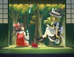  3girls apron back_bow black_boots black_hat black_skirt black_vest blonde_hair boots bow braid broom broom_riding commentary_request detached_sleeves food frilled_bow frilled_hair_tubes frills fruit hair_bow hair_tubes hakurei_reimu hat hat_bow high_heel_boots high_heels highres holding holding_food holding_popsicle kirisame_marisa lace-up_boots long_hair multiple_girls open_mouth otomeza_ryuseigun popsicle red_bow red_skirt ribbon-trimmed_sleeves ribbon_trim shouji side_braid signature single_braid skirt skirt_set sliding_doors smile sukuna_shinmyoumaru tatami touhou tree vest waist_apron watermelon watermelon_slice white_apron white_bow witch_hat yellow_eyes 