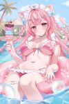  1girl absurdres ahoge animal_ears bikini blue_bow blue_ribbon blue_sky blush bow braid breasts cat_ears cat_girl cat_hair_ornament cat_o-ring cat_tail cherry choker closed_mouth cloud cloudy_sky commentary_request day fingernails food frilled_bikini frills fruit hair_bow hair_ornament hairclip heart heart_print highres holding holding_ice_cream_cone ice_cream_cone indie_virtual_youtuber innertube large_breasts long_hair looking_at_viewer maid_headdress nail_polish navel neck_ribbon o-ring o-ring_thigh_strap outdoors oyuharu palm_tree paw_print pink_bikini pink_eyes pink_hair pink_nails pink_tail pocky pool ribbon sky solo star_(symbol) star_hair_ornament stomach sweat swim_ring swimsuit tail tail_ornament tail_ribbon thigh_strap thighs tree two_side_up virtual_youtuber water white_choker white_ribbon yuuki_sakuna 