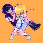  2girls black_hair black_shirt black_shoes blonde_hair blush carrying dress full_body heavy highres kingdom_hearts looking_at_another medium_hair multiple_girls namine princess_carry purple_eyes shirt shoes short_hair skirt sleeveless sleeveless_dress struggling white_dress white_skirt xion_(kingdom_hearts) yellow_background yomyompi yuri 