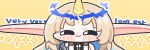  1girl :3 bare_shoulders blonde_hair chibi chibi_only colored_inner_hair commentary_request facial_mark fleurdelys_(wuthering_waves) horns long_hair long_pointy_ears looking_at_viewer multicolored_hair pointy_ears simple_background single_horn smug solo star_(symbol) syurikenmaru upper_body wuthering_waves yellow_background 