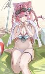  1girl animal_ears aqua_bow barefoot beach bikini black_ribbon blush bow braid breasts cat_ears cat_girl cat_hair_ornament cat_tail commentary day hair_bow hair_ornament hairclip highres holding holding_towel indie_virtual_youtuber large_breasts long_hair navel otsu_hai18 pink_eyes pink_hair pink_tail ribbon sand sitting solo star_(symbol) star_hair_ornament stomach swimsuit tail tail_ornament tail_ribbon tearing_up thigh_strap thighs towel two_side_up untranslatable_commentary virtual_youtuber white_bikini yuuki_sakuna 