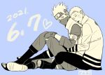  2boys armband boruto:_naruto_next_generations boruto_(series) commentary_request dated drooling fingerless_gloves flak_jacket forehead_protector gloves greyscale_with_colored_background hatake_kakashi headband heart jacket konohagakure_shinobi_uniform konohagakure_symbol makio1313 male_focus mask mouth_drool mouth_mask multiple_boys naruto_(series) open-toe_boots sepia signature sleeping sleeping_upright uzumaki_naruto yaoi 