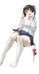  1girl absurdres black_hair blunt_bangs blush bow bowtie breast_pocket breasts brown_eyes buttons commentary_request full_body hair_ribbon highres holding idolmaster idolmaster_shiny_colors invisible_chair long_hair looking_at_viewer mayuzumi_fuyuko medium_breasts pink_ribbon pocket red_bow ribbon saya_endo_(27) school_uniform shirt simple_background sitting skirt sleeves_rolled_up solo thighhighs thighs two_side_up unworn_bowtie white_background white_thighhighs 