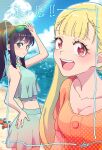  10ttruck 2girls beach bikini blonde_hair blue_outline breasts cho_kaguya-hime! cleavage commentary crab green_bikini green_eyes highres indoors kaguya_(cho_kaguya-hime!) long_hair medium_breasts multiple_girls one-piece_swimsuit open_mouth orange_one-piece_swimsuit outdoors outline ponytail red_eyes sakayori_iroha sidelocks swimsuit twintails 