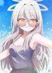  1girl absurdres blue_archive blue_background breasts camisole cleavage commentary eyes_visible_through_eyewear grey_camisole grey_hair grey_halo halo highres konoka_(blue_archive) long_hair looking_at_viewer medium_breasts noger_(hibiki2542) parted_lips purple-tinted_eyewear round_eyewear simple_background solo sunglasses tinted_eyewear upper_body yellow-framed_eyewear 