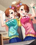  2girls :d aqua_shirt arm_up back-to-back bead_bracelet beads blue_bow blush bow bracelet brown_eyes brown_hair brushing_teeth card_commentary commentary_request futami_ami futami_mami game_asset hair_bow holding holding_toothbrush idolmaster idolmaster_(classic) idolmaster_million_live! idolmaster_million_live!_theater_days indoors jewelry multicolored_bow multiple_girls official_art open_mouth pink_bow pink_shirt print_bow print_shirt shirt short_hair short_sleeves siblings side_ponytail sisters smile standing star_(symbol) star_print striped_bow third-party_source toothbrush twins 