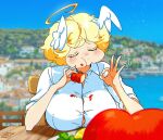  1girl angel angel_wings ass blonde_hair breasts button_gap chair closed_eyes collared_shirt commentary eating english_commentary food food_on_clothes food_on_face fruit gabi_(snegovski) halo_ahoge head_wings highres large_breasts lemon lemon_slice lobster ok_sign original outdoors photo_background restaurant shirt short_hair signature snegovski table tray white_shirt wings 