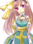  1girl arch_bishop_(ragnarok_online) arms_behind_back black_hairband blue_dress blush bow brown_hair cleavage_cutout closed_mouth clothing_cutout commentary_request cross dormir_(challco) dress flower flower_in_mouth hair_bow hairband juliet_sleeves long_hair long_sleeves looking_at_viewer pointy_ears puffy_sleeves purple_eyes ragnarok_online sash simple_background smile solo two-tone_dress upper_body white_background white_dress yellow_sash 
